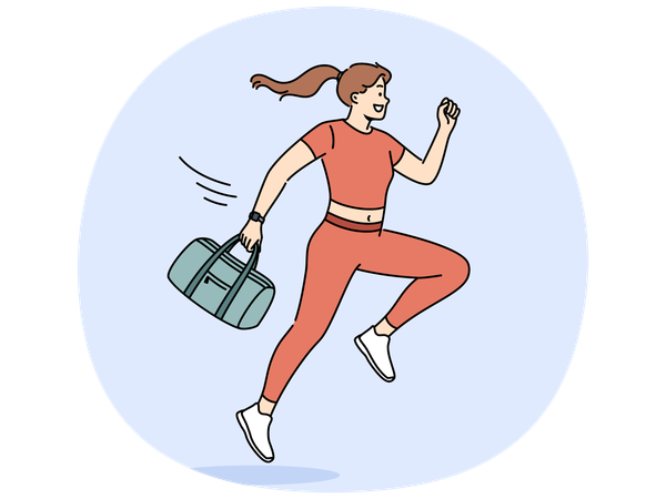 Running woman in sportswear holding bag with fitness items in hand and rushes to workout  Illustration