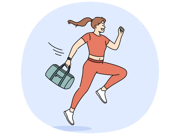 Running woman in sportswear holding bag with fitness items in hand and rushes to workout  Illustration
