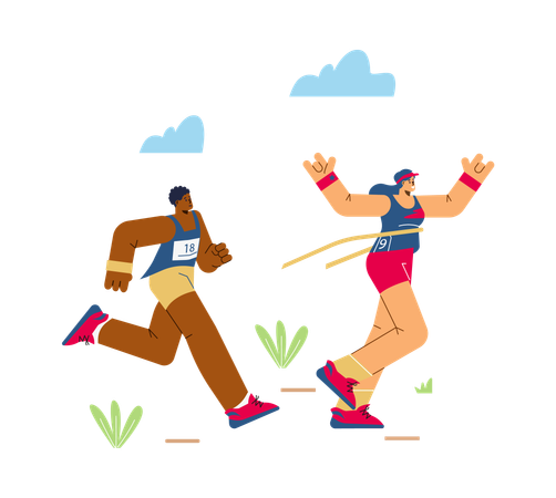 Running woman overtakes man in marathon race  Illustration