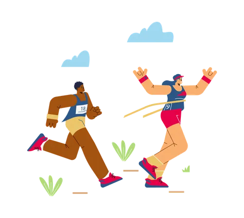 Running woman overtakes man in marathon race  Illustration