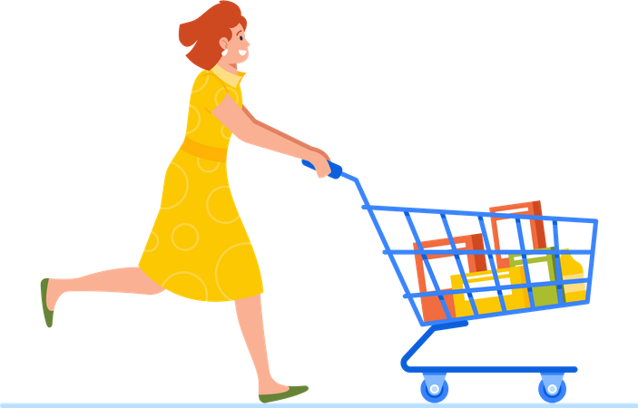 Running Woman Pushing Shopping Cart  Illustration