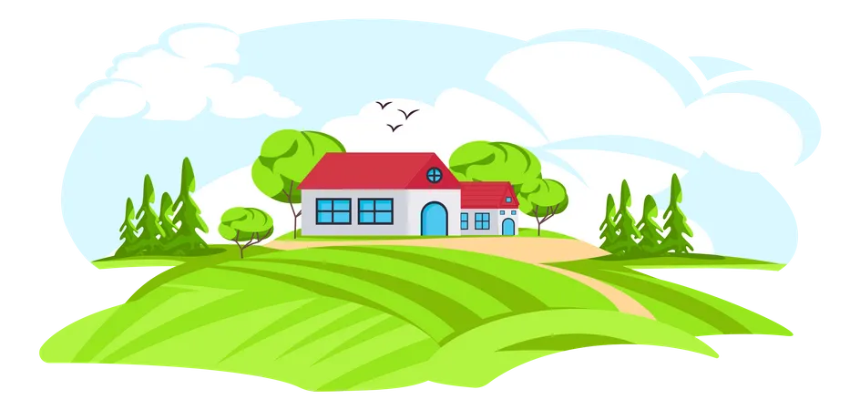 A House Located In A Beautiful Rural Area Flat Design Of Countryside Background 일러스트레이션