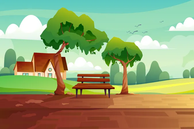 Rural scene with wooden bench between big trees  Illustration