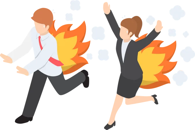 Flat 3 D Isometric Businessman And Woman Running With Back On Fire Rush Hour And Deadline Concept Illustration