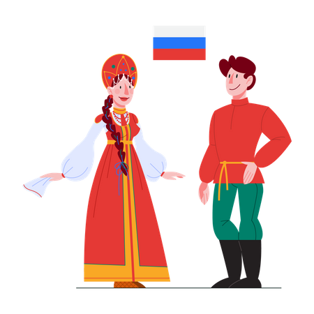 Russian man and woman in traditional costumes and headdresses Illustration