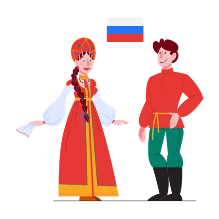 Russian man and woman in traditional costumes and headdresses  Illustration