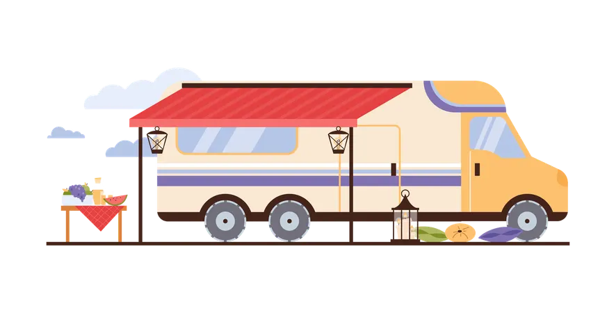 RV travel trailer parked at campsite  Illustration