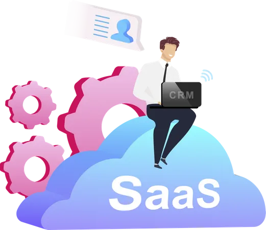 Cloud Based CRM Flat Concept Vector Illustration Man With Laptop Sitting On Cumulus 2 D Cartoon Characters For Web Design Businessman In Shirt Pants And Necktie Saa S Creative Idea Illustration