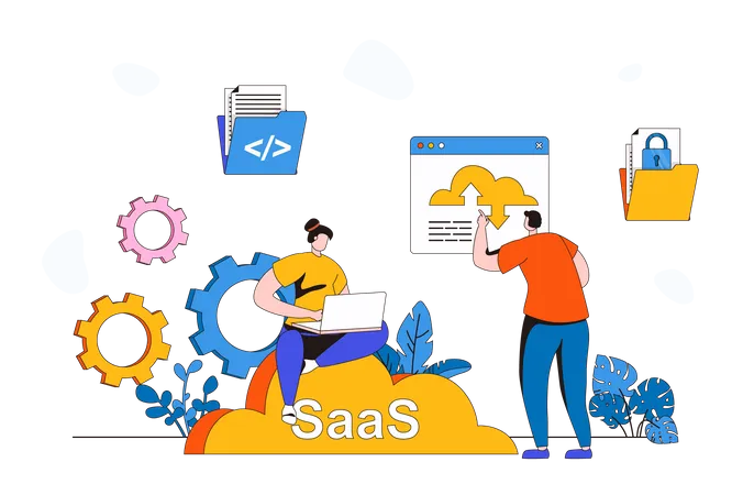 Saa S Web Concept In Flat 2 D Design Woman Works On Laptop And Uses Subscription Based Programs Man Using Software And Cloud Storage Software As A Service Vector Illustration With People Scene Illustration