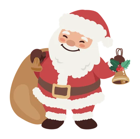 Père Noël portant un sac cadeau et une clochette  Illustration