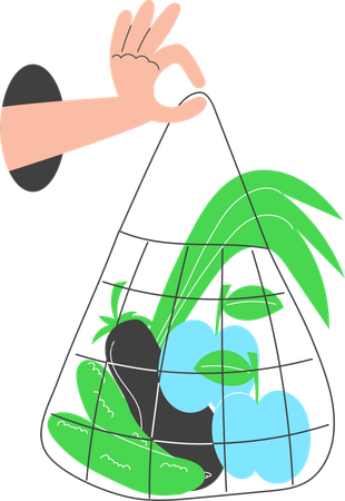 Main tenant un sac de courses réutilisable avec des légumes et des légumes verts  Illustration