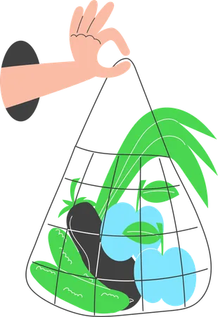 Main tenant un sac de courses réutilisable avec des légumes et des légumes verts  Illustration