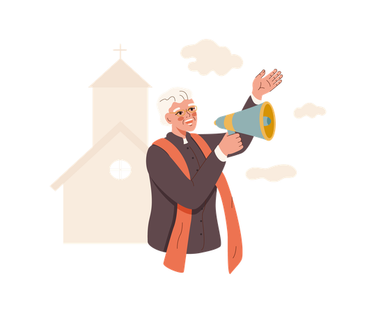 Un sacerdote cristiano se encuentra cerca del templo y grita por el megáfono instándolo a asistir a los servicios dominicales.  Ilustración