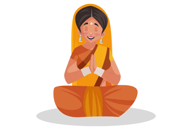 Sacerdotisa india sentada y haciendo meditación o rezando  Ilustración
