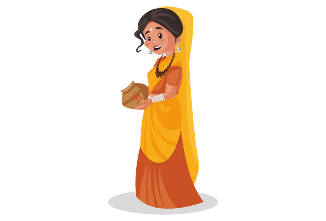 Sacerdotisa india sosteniendo una vasija de barro en las manos  Ilustración