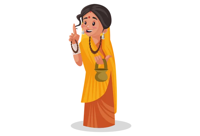 Sacerdotisa indiana segurando um Kamandal de latão na mão e lembrando de Deus  Ilustração