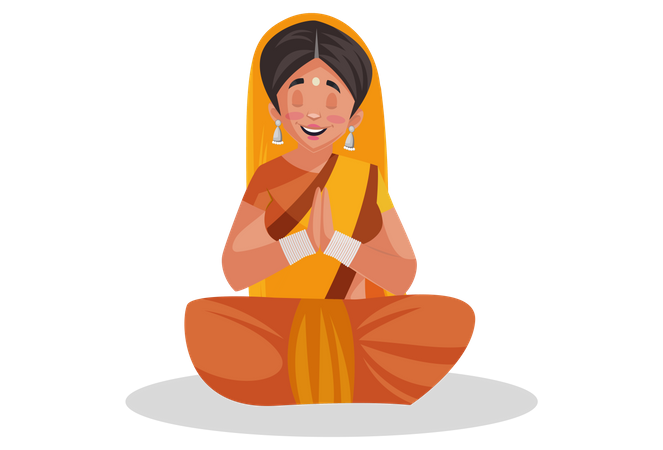 Sacerdotisa indiana sentada e fazendo meditação ou rezando  Ilustração