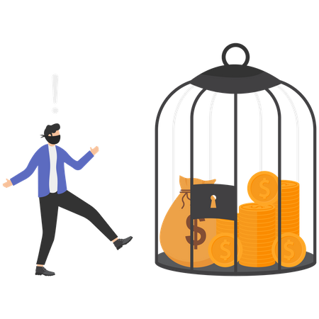 Sack of money with dollar sign desired by thief being trapped inside a locked cage  Illustration