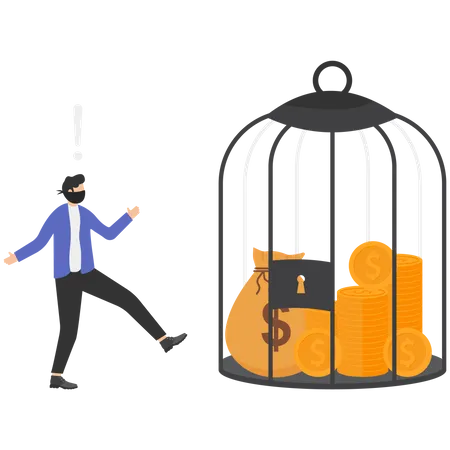 Sack of money with dollar sign desired by thief being trapped inside a locked cage  Illustration