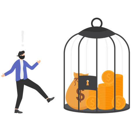 Sack of money with dollar sign desired by thief being trapped inside a locked cage  Illustration