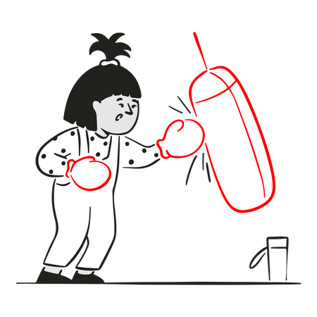 Boxer feminina dá socos em saco de boxe  Ilustração