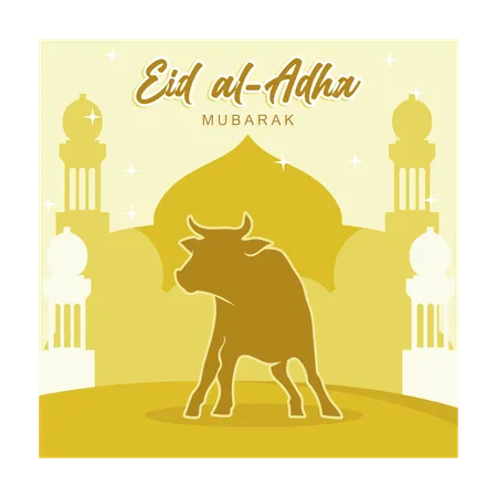 Sacrificial cow with mosque background  Illustration