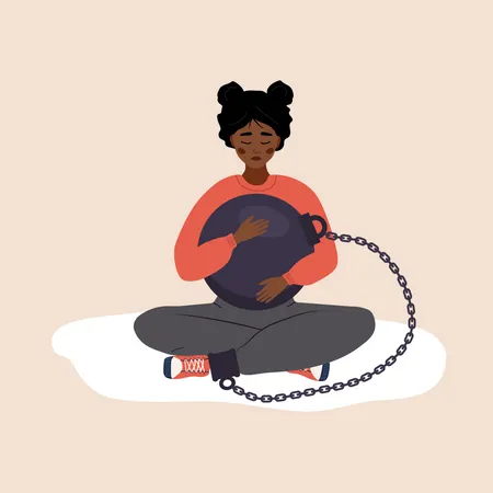 Sad african woman hugging heavy wrecking ball and feeling guilty  Illustration