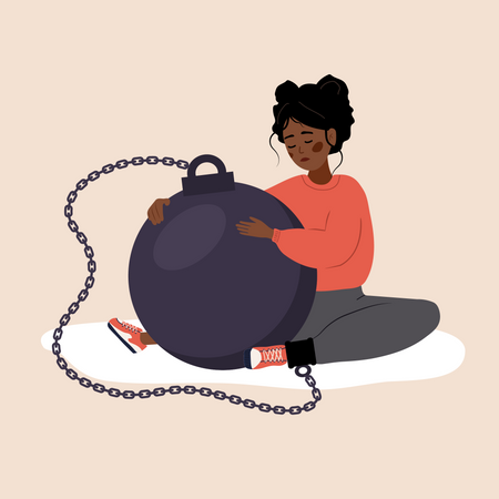 Sad african woman wrecking ball and feeling guilty  Illustration