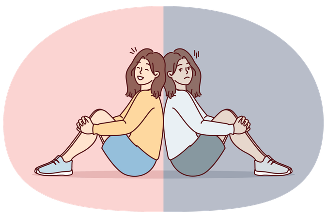 悲しくも明るい女の子が背中合わせに床に座って画面を見ている  イラスト