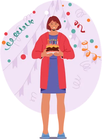 Sad And Lonely Woman Character Celebrates Her Birthday With A Quiet Tearful Celebration Longing For Companionship And Warmth On Her Special Day Cartoon People Vector Illustration Illustration