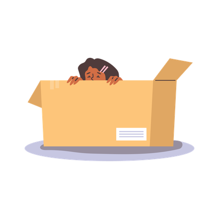 Sad and scared child girl hiding inside big cardboard box  Illustration