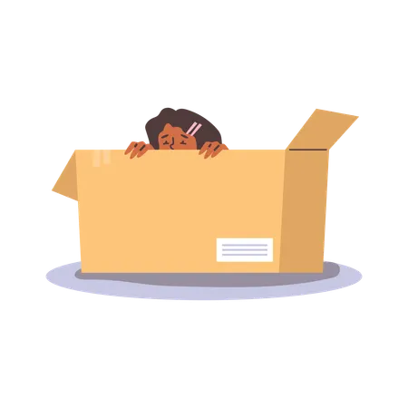 Sad and scared child girl hiding inside big cardboard box  Illustration