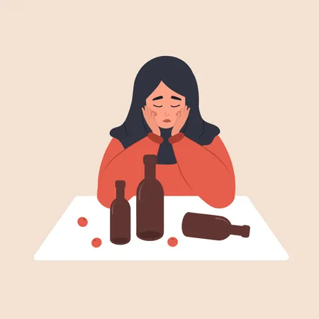 Alcohol Abuse Booze Concept Sad Arabian Girl Sitting At Table And Drinking Wine Social Issue Alcohol Addiction Dangerous Habit Vector Illustration In Flat Cartoon Style Illustration