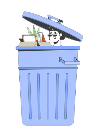 Sad asian woman in waste container  Illustration