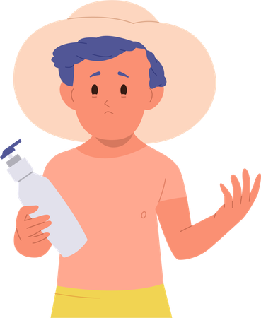 Sad baby boy with damaged red skin holding sunscreen bottle  Illustration