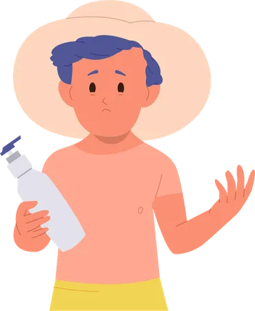 Sad baby boy with damaged red skin holding sunscreen bottle  Illustration