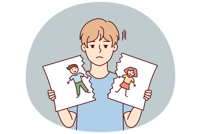 Sad boy after school quarrel or conflict tears up self-drawn portrait  Illustration