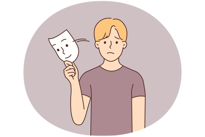 作り笑いをしながらマスクを握っている悲しそうな少年  イラスト