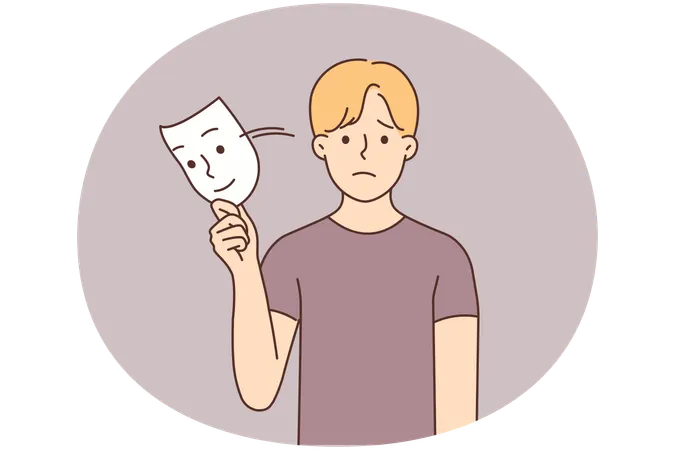 作り笑いをしながらマスクを握っている悲しそうな少年  イラスト