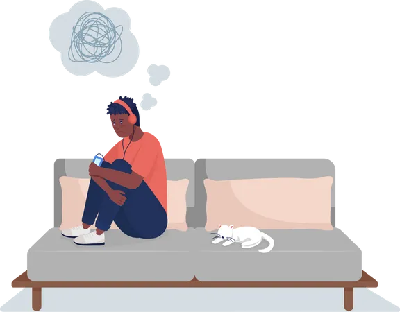 Sad boy in headphones on couch Illustration