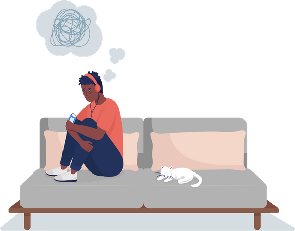 Sad boy in headphones on couch  Illustration