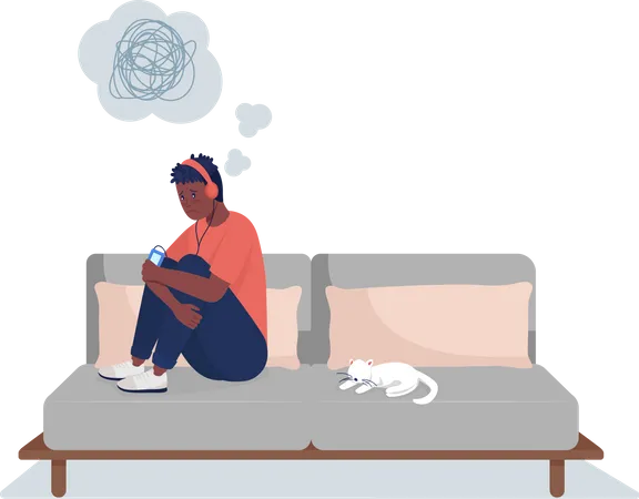 Sad boy in headphones on couch  Illustration