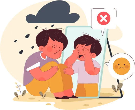 Sad boy looking at his reflection in the mirror.  Illustration