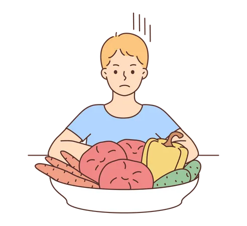 Sad boy looking at vegetable plate  Illustration