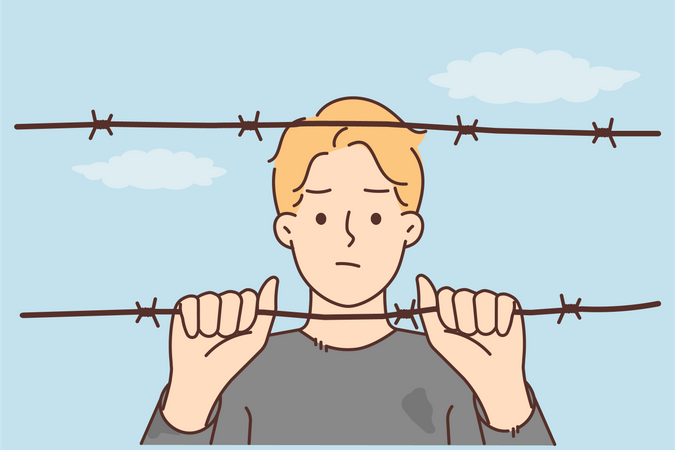 Sad boy looking out from wire fence Illustration