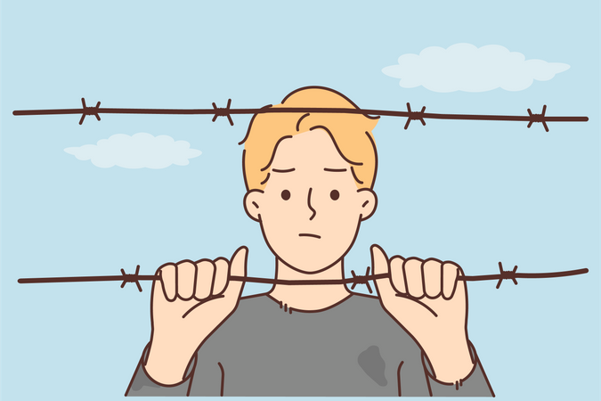 Sad boy looking out from wire fence  Illustration