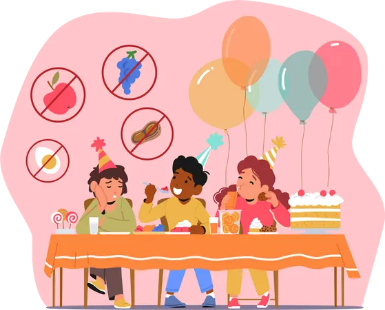 Sad Boy With Food Allergy Avoid Eating Sweets On Birthday Party  Illustration