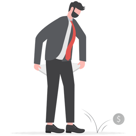 Sad broke businessman holding his pant empty pockets no money  Illustration