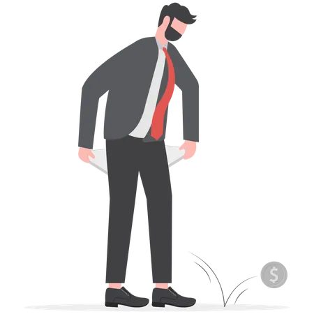 Sad broke businessman holding his pant empty pockets no money  Illustration