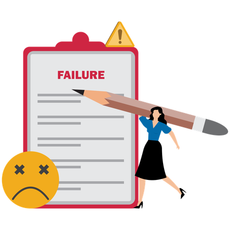 Sad business woman worried about failure checklist & decreasing business  Illustration